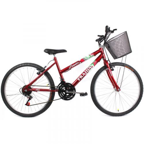 Bicicleta Feminina Aro 24 Mountain Bike Com Cesta - Vermelha