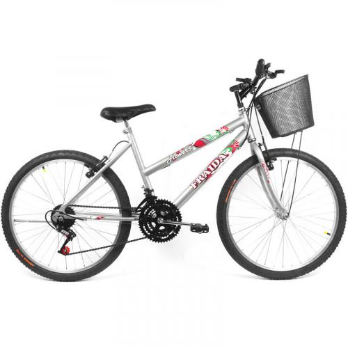 Bicicleta Feminina Aro 24 Mountain Bike Com Cesta - Prata