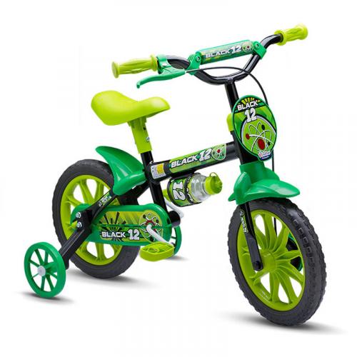 Bicicleta Infantil Masculina Aro 12 Black Verde - Com Placa Frontal E Rodas Laterais